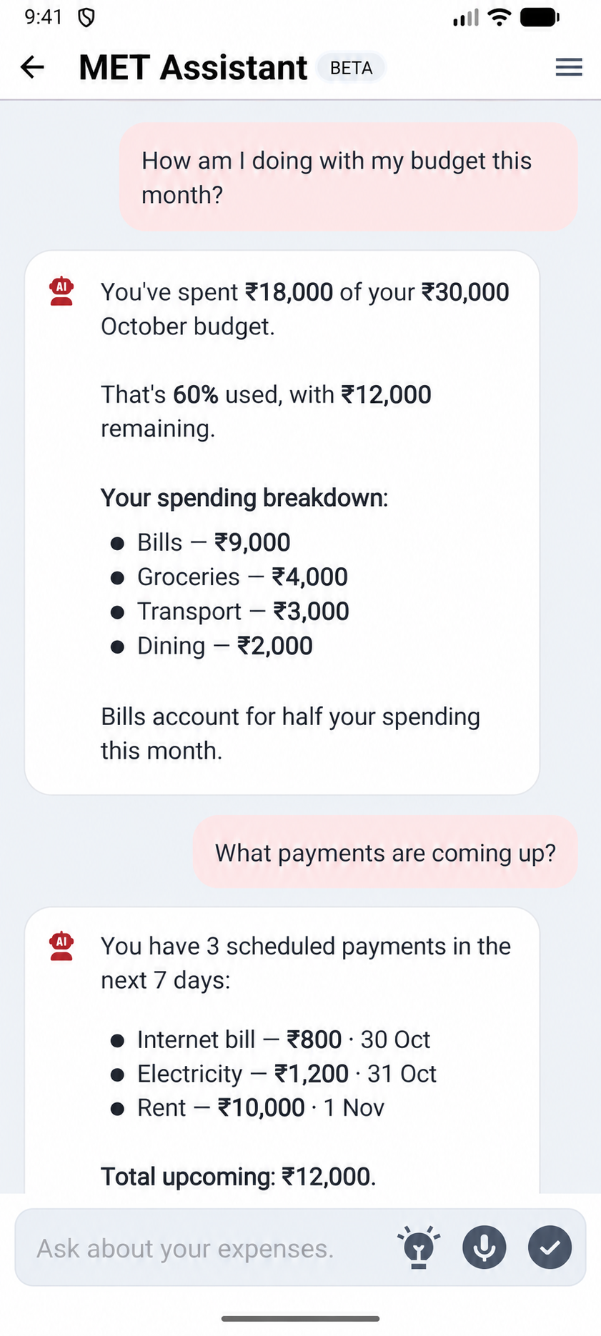 MET AI answering questions about budgets and scheduled payments