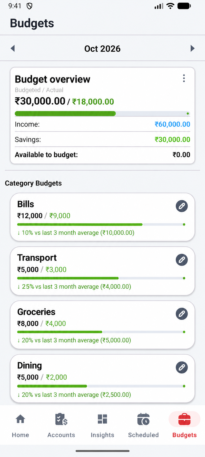 Monthly budget overview and category allocations