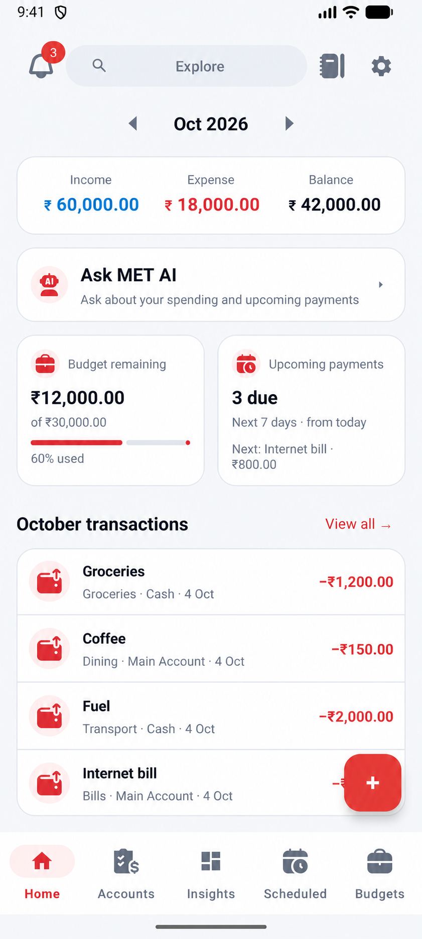 MET home screen with monthly summary, budget remaining, upcoming payments, and recent transactions