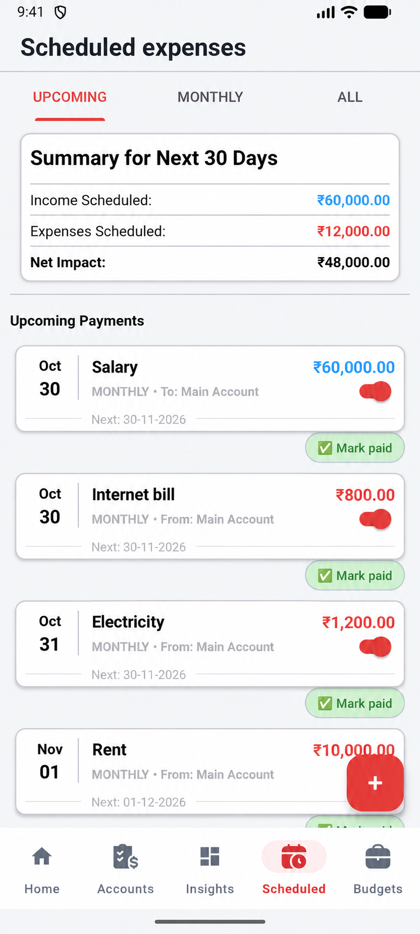 Upcoming scheduled expenses and income